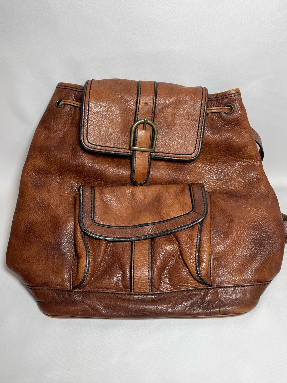 Vintage FOSSIL Cognac Brown Leather Drawstring Bucket Backpack Rucksack Bag